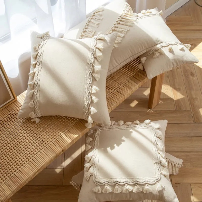 Tassel White Throw Pillow Cover Cotton Linen