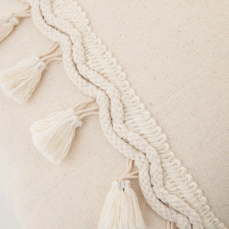 Tassel White Throw Pillow Cover Cotton Linen