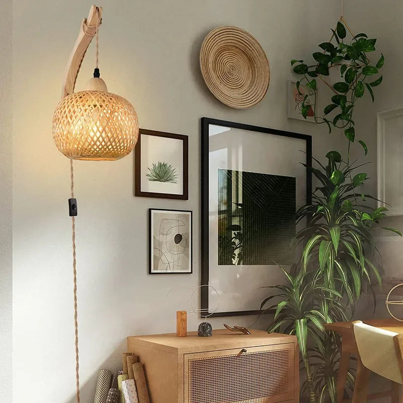 Bamboo Lantern Wall Lamp Natural Rattan Wicker