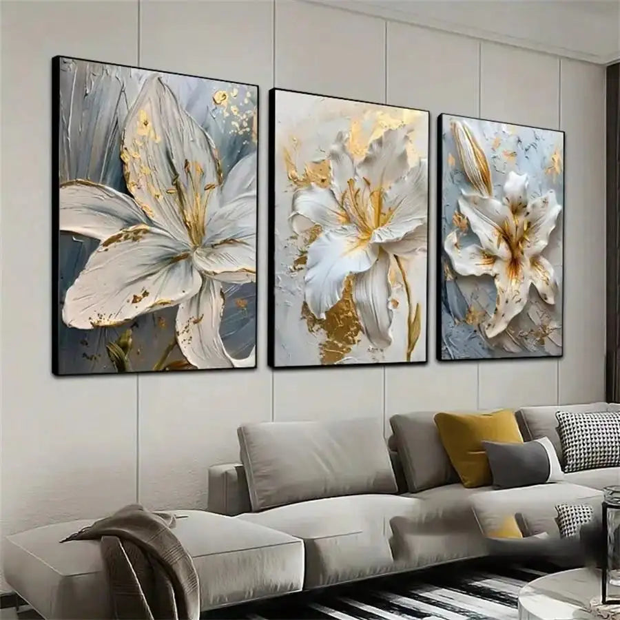 Fashion Gold and White Flower Canvas Posters Painting Abstract 3D Lily Flowers