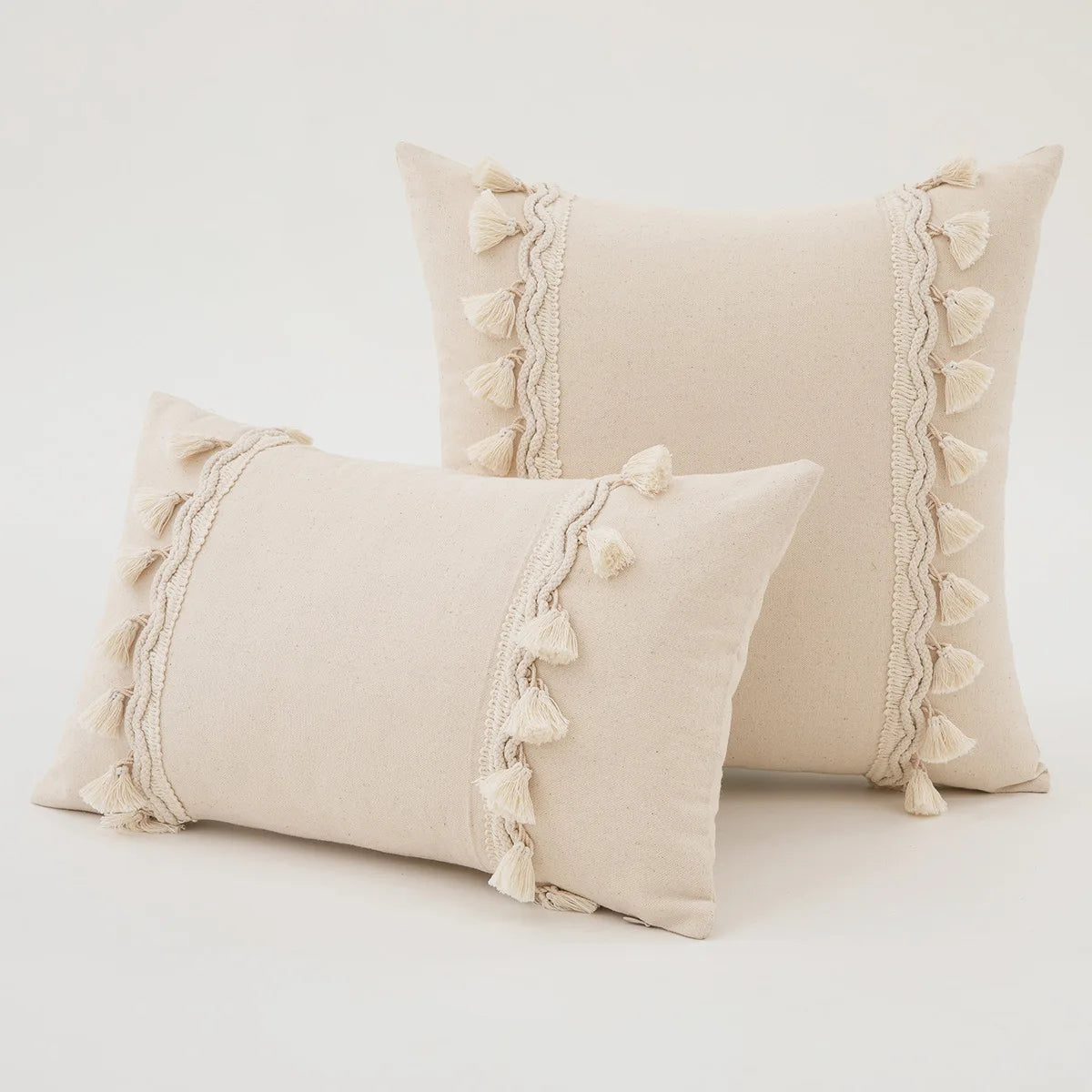 Tassel White Throw Pillow Cover Cotton Linen