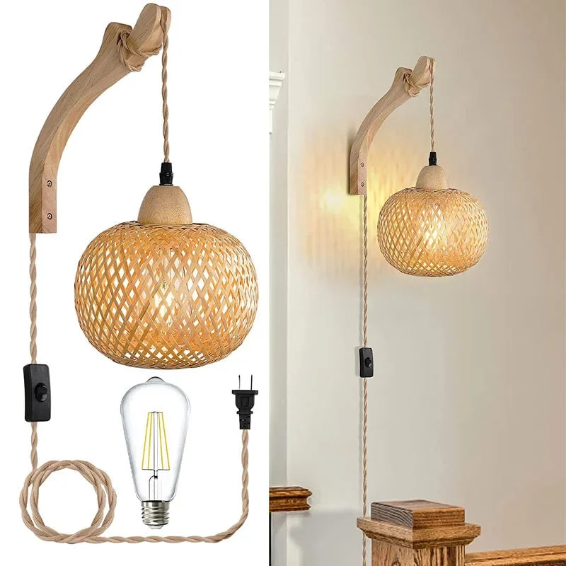 Bamboo Lantern Wall Lamp Natural Rattan Wicker