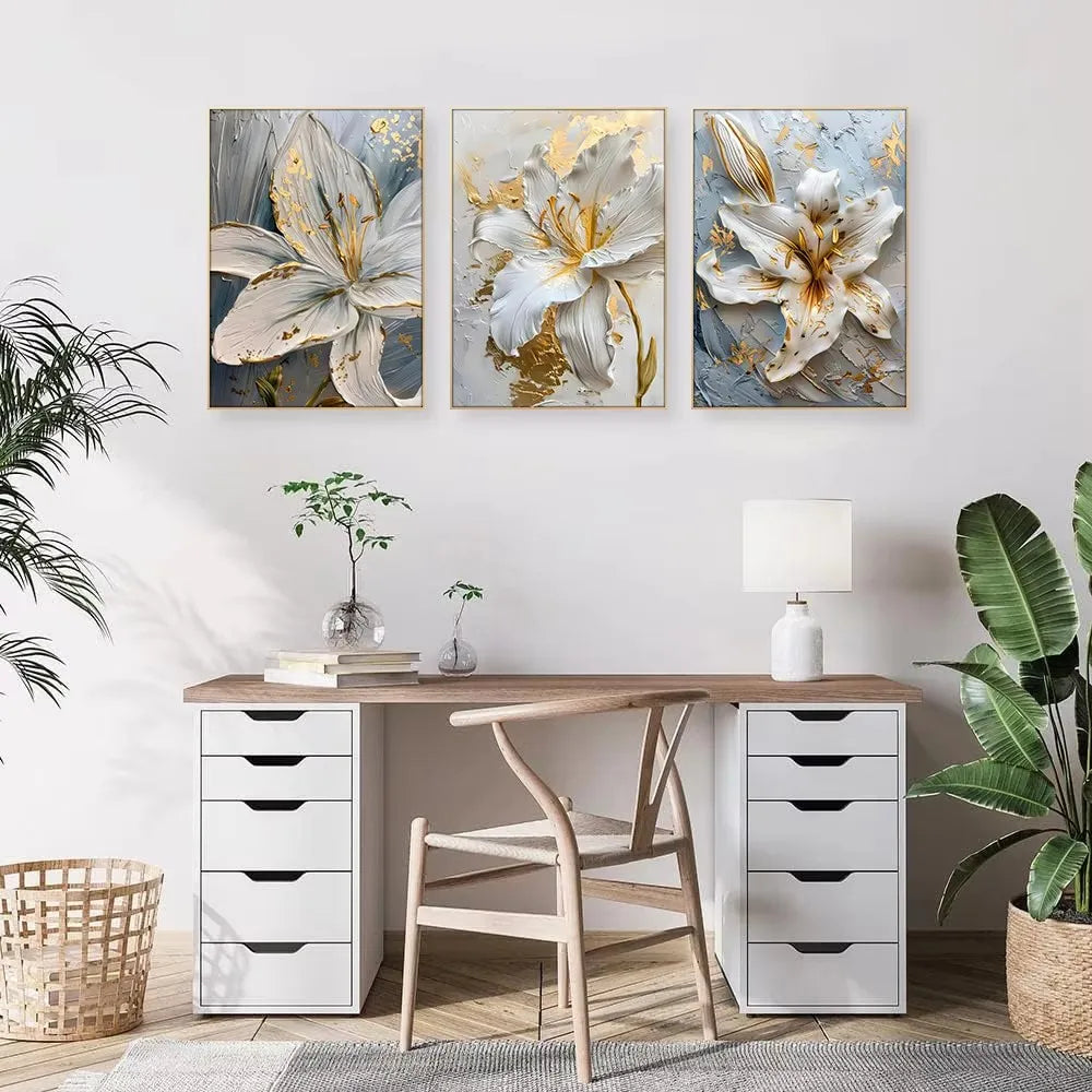 Fashion Gold and White Flower Canvas Posters Painting Abstract 3D Lily Flowers