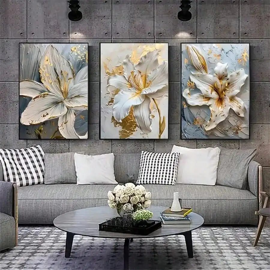 Fashion Gold and White Flower Canvas Posters Painting Abstract 3D Lily Flowers