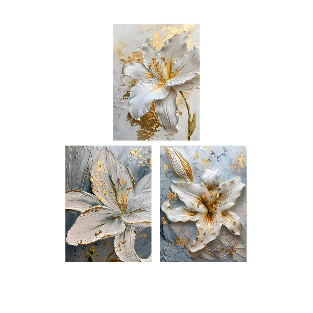 Fashion Gold and White Flower Canvas Posters Painting Abstract 3D Lily Flowers