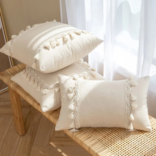 Tassel White Throw Pillow Cover Cotton Linen