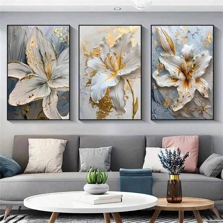 Fashion Gold and White Flower Canvas Posters Painting Abstract 3D Lily Flowers