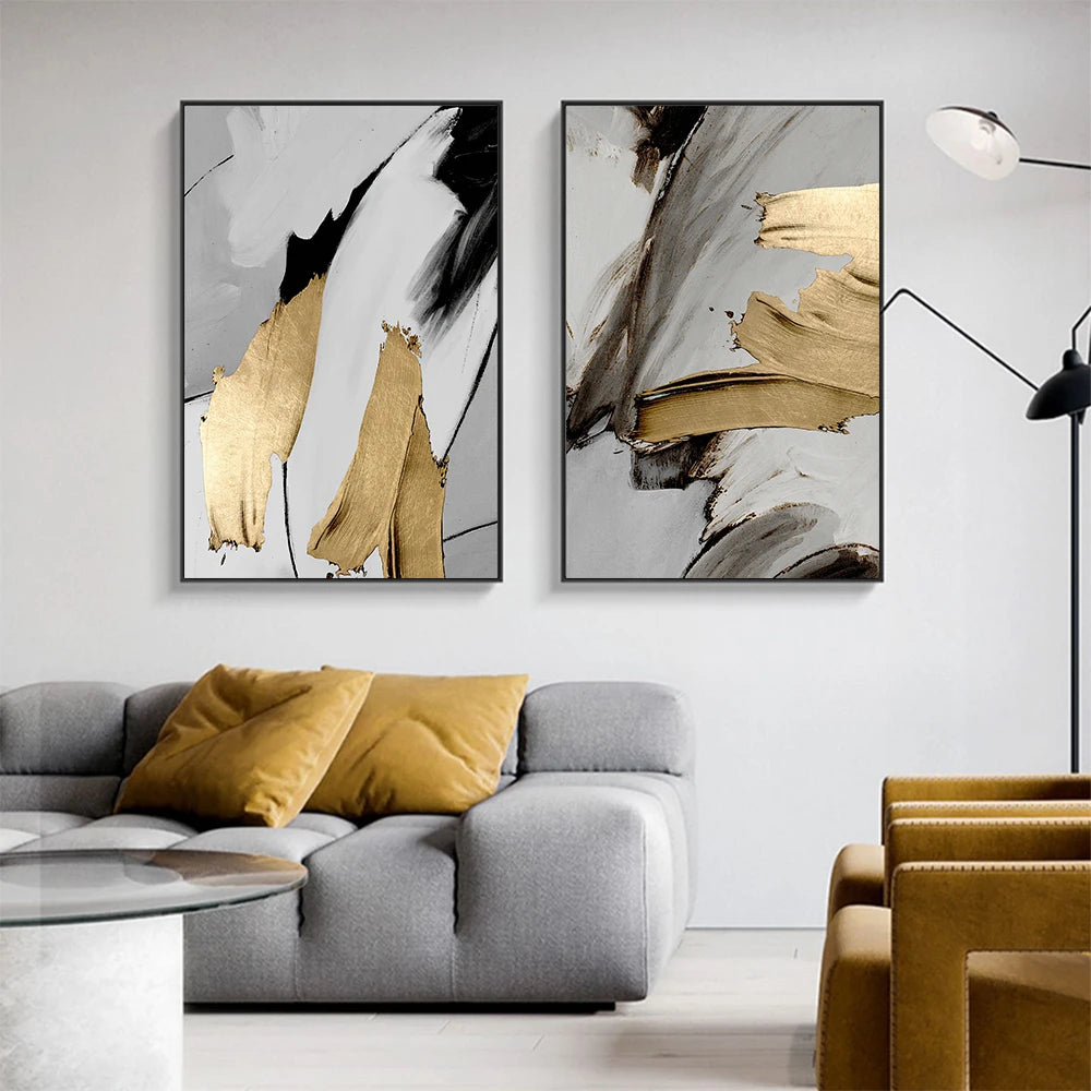 Luxury Abstract Gray Golden Painting  Wall Art