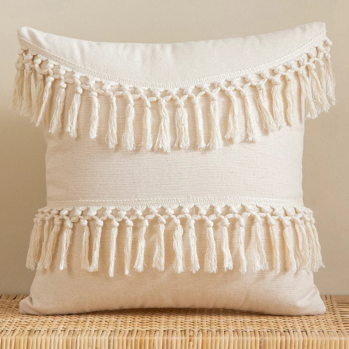 Tassel White Throw Pillow Cover Cotton Linen