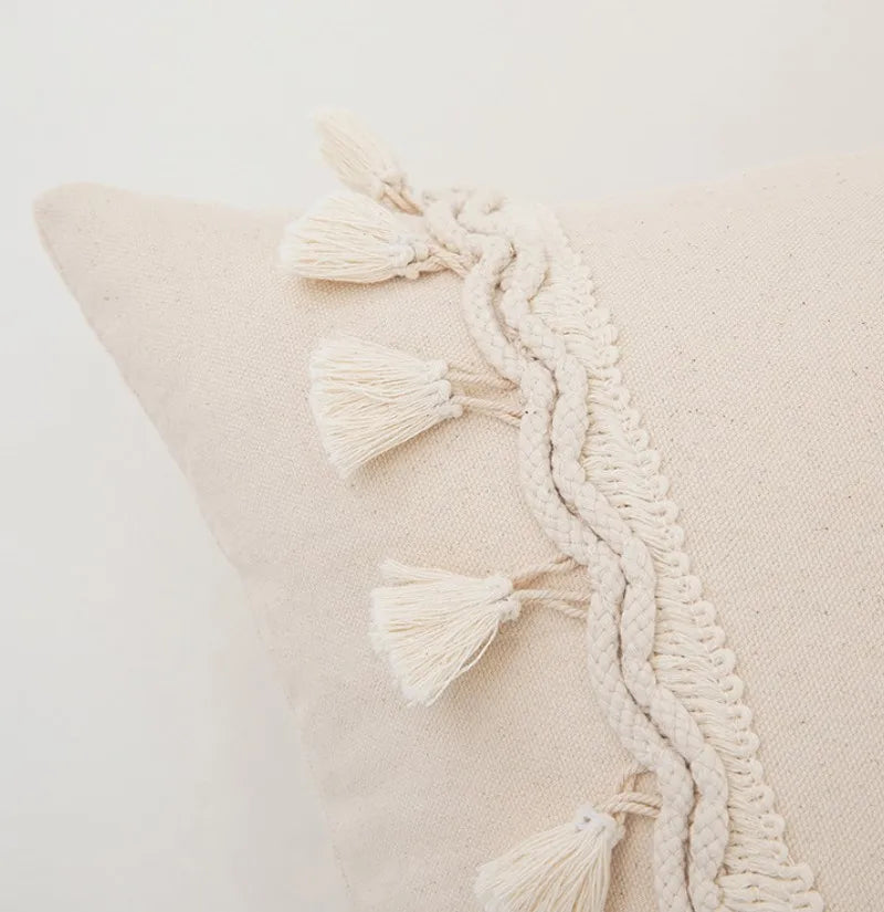 Tassel White Throw Pillow Cover Cotton Linen