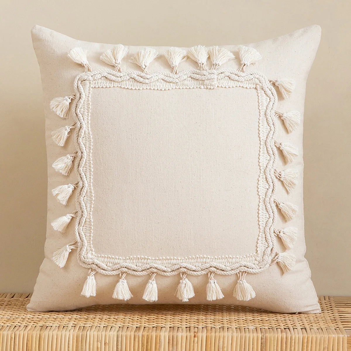 Tassel White Throw Pillow Cover Cotton Linen