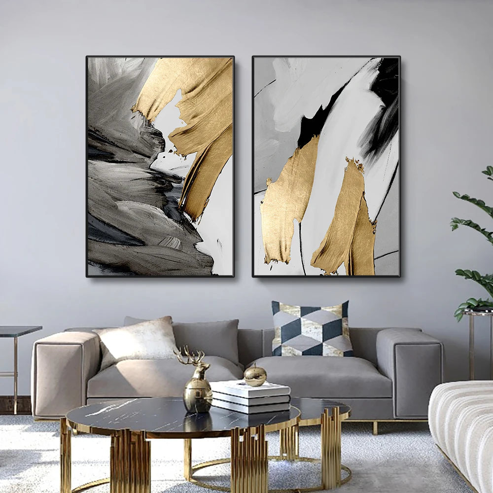 Luxury Abstract Gray Golden Painting  Wall Art