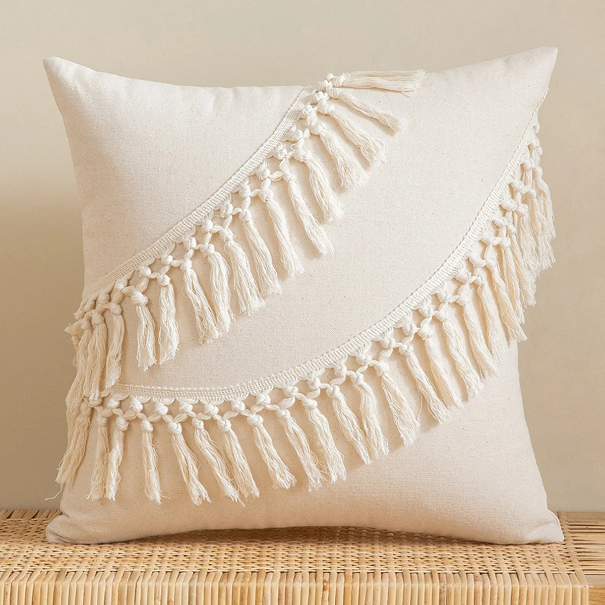 Tassel White Throw Pillow Cover Cotton Linen