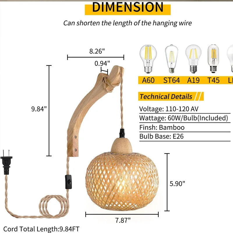 Bamboo Lantern Wall Lamp Natural Rattan Wicker