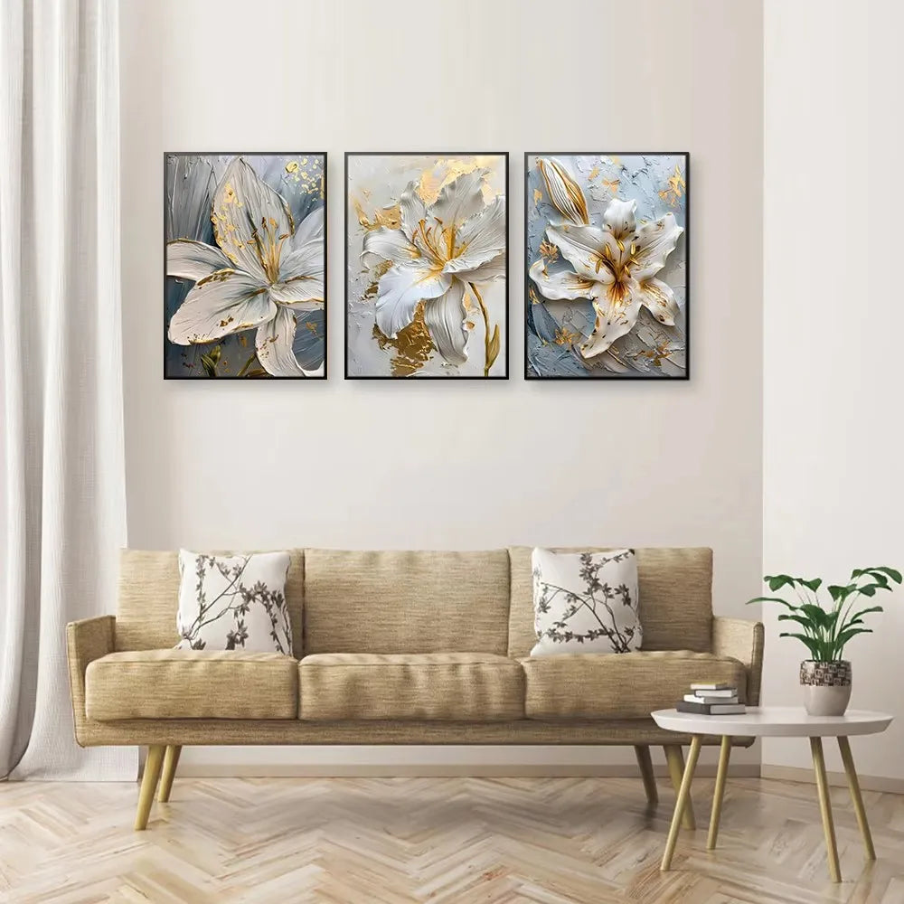 Fashion Gold and White Flower Canvas Posters Painting Abstract 3D Lily Flowers