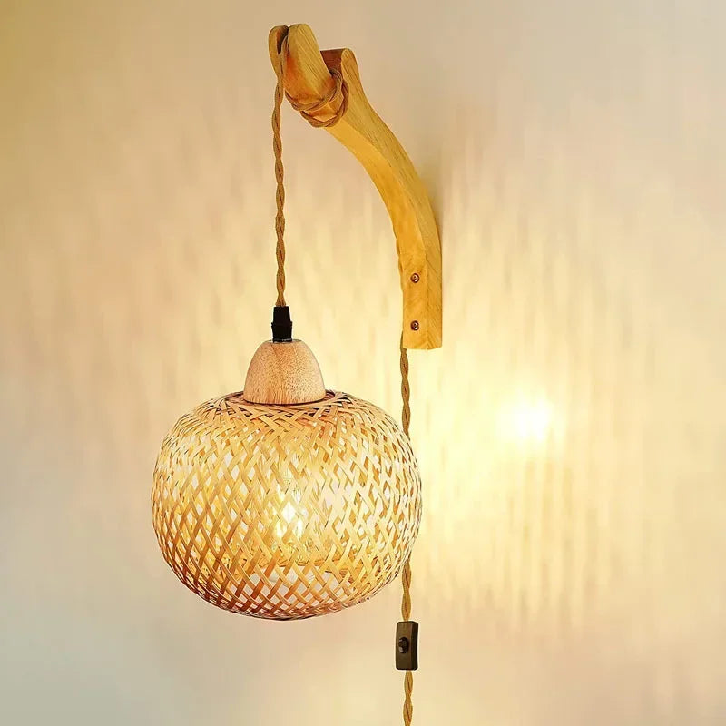 Bamboo Lantern Wall Lamp Natural Rattan Wicker